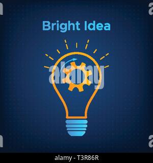 Spia marcia idea creativa concetto illustrazione vettoriale. Innovazione di contorno idea grafica con lampadina luminosa e l'ingranaggio interno. La linea arancione lampada con silhouette ruota dentata tecnologia concetto di sfondo. Illustrazione Vettoriale