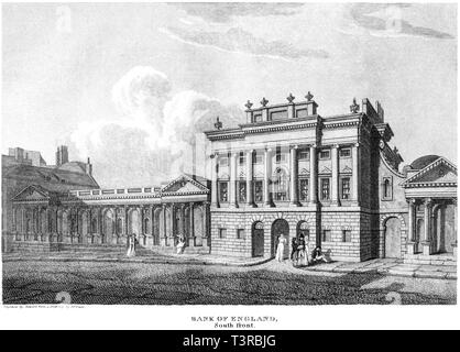 Una incisione della banca di Inghilterra sud anteriore, Londra UK scansionati ad alta risoluzione da un libro pubblicato nel 1814. Ritiene copyright free. Foto Stock