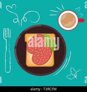 Set di cibo a colazione su sfondo luminoso appartamento in stile design. Doodle elementi. Sandwich di piatti e bevande. Il momento della colazione. Illustrazione Vettoriale. Illustrazione Vettoriale