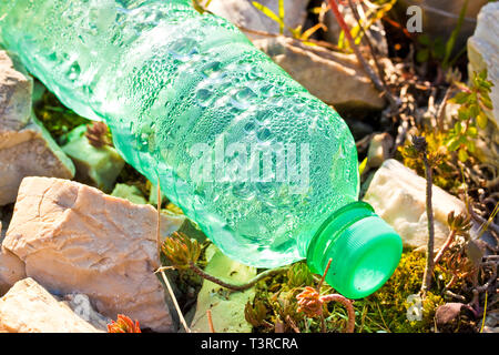 Vuoto verde bottiglia di plastica abbandonata in natura - Concetto di immagine Foto Stock