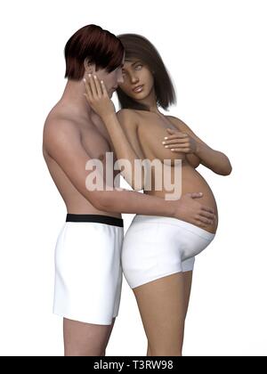 Donna incinta con il suo uomo - coppia felice - isolatet su bianco Foto Stock