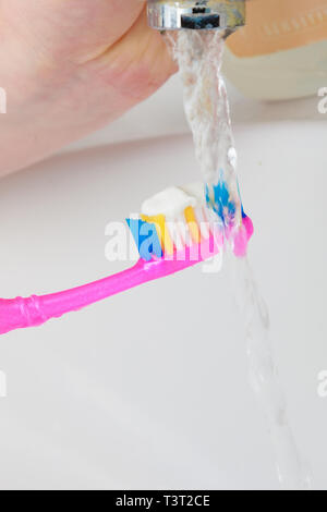 Esecuzione di acqua su uno spazzolino da denti in lavandino del bagno Foto  stock - Alamy