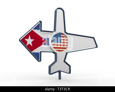 Emblema di progettazione per le compagnie aeree, biglietti aerei, le agenzie di viaggio. L'icona di un aeroplano e freccia di destinazione. Bandiere degli Stati Uniti e Cuba. Il rendering 3D Foto Stock