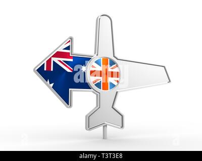 Emblema di progettazione per le compagnie aeree, biglietti aerei, le agenzie di viaggio. L'icona di un aeroplano e freccia di destinazione. Le bandiere della Gran Bretagna e Australia. 3D Arcavacata di Rende Foto Stock