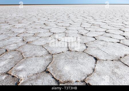 Essiccato-fuori la superficie del lago Karum, crosta di sale, Danakil deserto, Etiopia Foto Stock