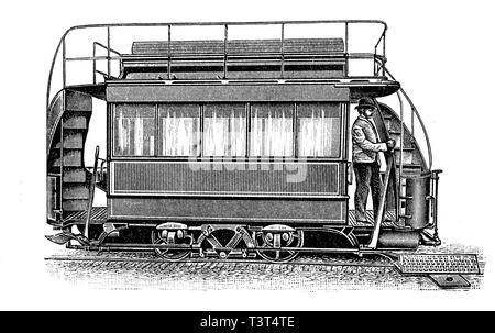 Tram storico, un motore pneumatico, motore ad aria o aria compressa motore, aria compressa tram alla stazione di riempimento, 1880, storico xilografia, Inghilterra Foto Stock