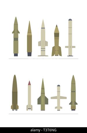 Set di missile militare su sfondo bianco di diverse forme e colori è un potente e terribile arma. crociera e missili balistici. Illustrazione Vettoriale