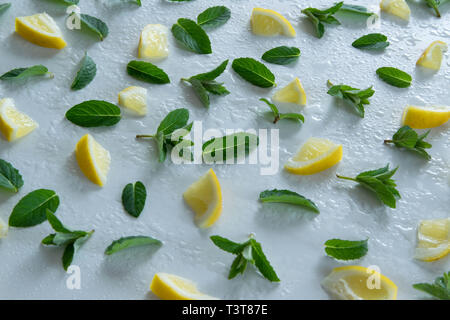 Vista dall'alto di fette di limone e menta erbe su sfondo bianco. La minima possibilità di ristoro concept design. Foto Stock