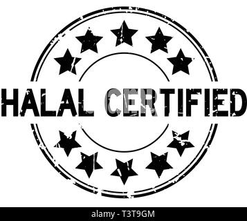 Grunge nero certificati di macellazione halal parola con icona a forma di stella intorno la guarnizione in gomma timbro su sfondo bianco Illustrazione Vettoriale