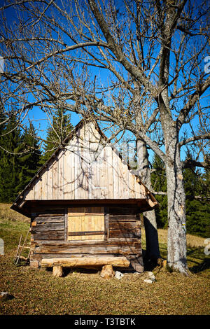 Hubová, Slovacchia. 14 ottobre, 2018. Tradizionale capannone di legno utilizzata per memorizzare il fieno per le pecore a prati sopra Hlboká Valley vicino a Hubová, Slovacchia. Foto Stock