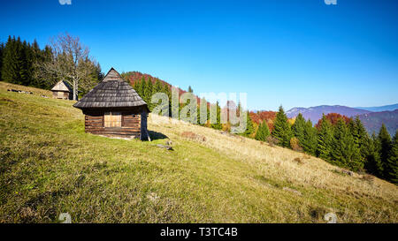Hubová, Slovacchia. 14 ottobre, 2018. Tradizionale capannone di legno utilizzata per memorizzare il fieno per le pecore a prati sopra Hlboká Valley vicino a Hubová, Slovacchia. Foto Stock