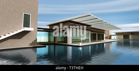Il rendering 3D casa moderna con piscina Foto Stock