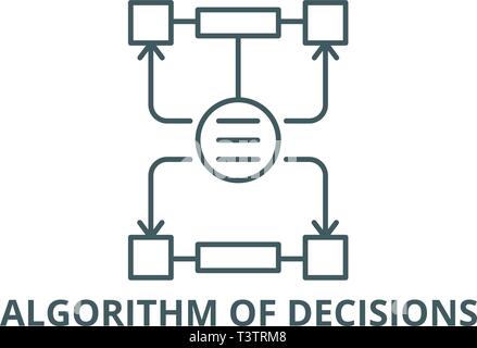 Algoritmo di decisioni icona linea, vettore. Algoritmo di decisioni di segno di contorno, concetto simbolo, illustrazione piatta Illustrazione Vettoriale