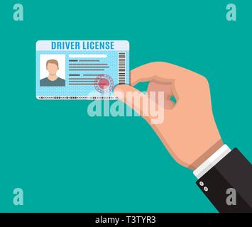 Auto conducente licenza scheda di identificazione in mano con foto. Licenza di pilota di veicolo documento d'identità. Timbro, codice a barre, plastica id card. Vector illustrat Illustrazione Vettoriale