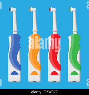 Spazzolino da denti elettrico in diversi colori. Spazzolino da denti apparecchiature dentali. Igiene e oralcare. Illustrazione Vettoriale in stile piatto Illustrazione Vettoriale