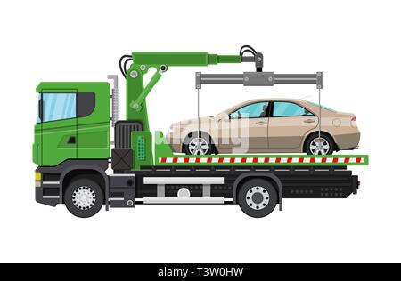 Trainare il carrello. Città lato strada servizio assistenza. Evacuatore automobile veicolo. Illustrazione Vettoriale in stile piatto Illustrazione Vettoriale