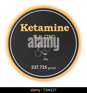 La ketamina. Formula chimica, la struttura molecolare. 3D rendering isolati su sfondo bianco Foto Stock