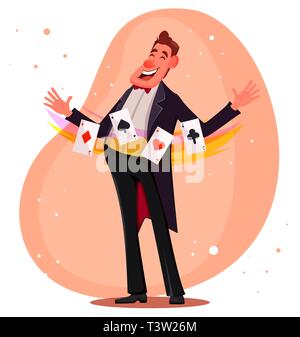 Illusionista mostra trucco magico con carte da gioco. Mago personaggio dei fumetti. Illustrazione Vettoriale. Illustrazione Vettoriale