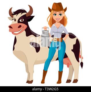 Giovane agricoltore pretty woman in cappello da cowboy. Allegro giardiniere donna personaggio dei fumetti tenendo il latte può e in piedi nei pressi di mucca. Illustrazione Vettoriale isolare Illustrazione Vettoriale