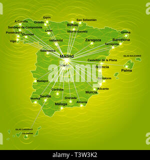 Illustrazione luminoso con mappa della Spagna. Illustrazione con la Spagna mappa in colori verde. Foto Stock