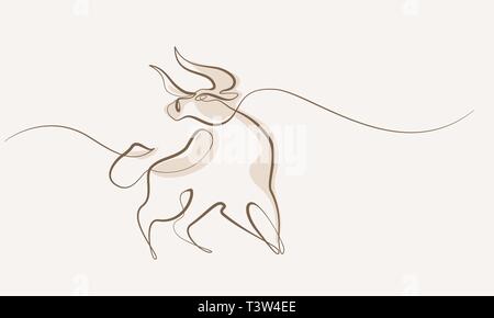 Continua linea uno stile di disegno. Bull cow icona. Illustrazione Vettoriale. Illustrazione Vettoriale
