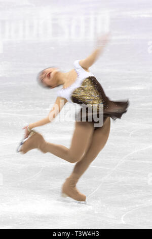 Motion Blur azione di Kim Hanul (KOR) competere nel pattinaggio di figura - Ladies' breve presso i Giochi Olimpici Invernali PyeongChang 2018 Foto Stock