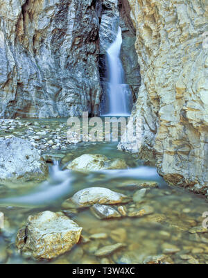 Cascata su terreni fangosi creek in un canyon lungo il Rocky Mountain Front vicino bynum, montana Foto Stock