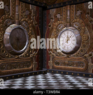 Steampunk sfondo con due orologi in una stanza vuota Foto Stock