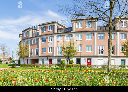 Fila di case moderne costruire in un cerchio in una famiglia accogliente zona suburbana di Houten nei Paesi Bassi. Foto Stock