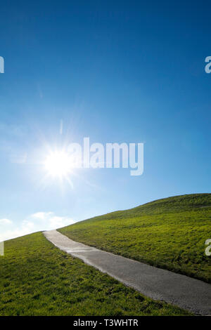 Sole che splende su strada asfaltata sul pendio erboso Foto Stock