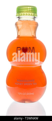 Winneconne, WI - 3 Aprile 2019: una bottiglia di Pom antioxident super tea melograno miele tè verde su un sfondo isolato Foto Stock