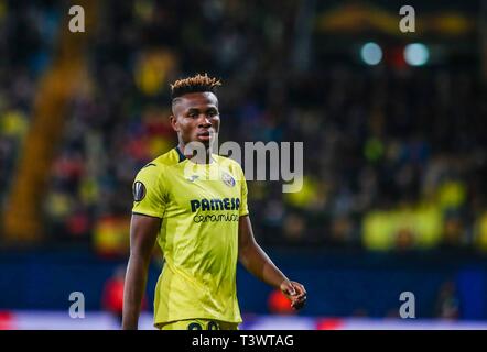 Villarreal, Spagna. Xi Apr, 2019. Chukwueze durante il 1/4 della UEFA Europa League football match tra Villarreal CF e Valencia CF su Aprile 11, 2019 in Ceramica stadium in Villarreal, Spagna. Credito: CORDON PREMERE/Alamy Live News Foto Stock