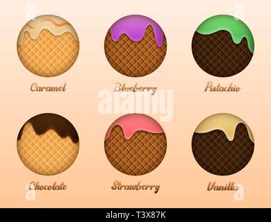 Gelato. Set di estate dolcezza con waffle texture. Illustrazione Vettoriale