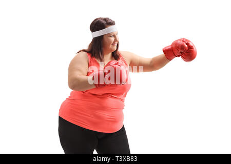 Chubby donna pratica di pugilato isolati su sfondo bianco Foto Stock