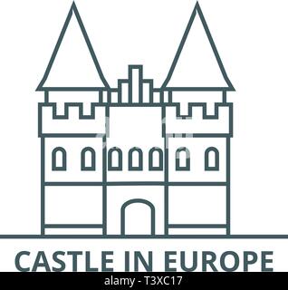 Castello in Europa icona linea, vettore. Castello in Europa segno di contorno, concetto simbolo, illustrazione piatta Illustrazione Vettoriale