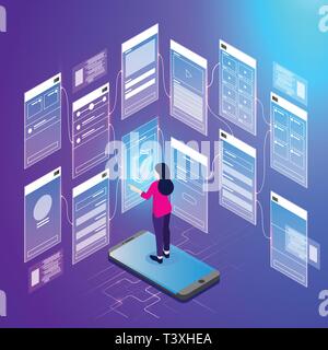 Sviluppo di applicazioni mobili vettore illustrazioni isometriche Illustrazione Vettoriale