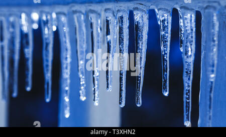 Molti ghiaccioli e texture di cristallo su sfondo d'inverno. Gocce d'acqua che cadono dalle stalattiti in giornata del sole. Icicle di fusione durante la primavera. Foto Stock