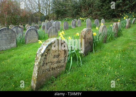 Tombe e lapidi nel terreno di sepoltura presso il Pales Meeting House Quaker sepoltura terreno, Radnorshire, Galles Foto Stock