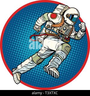 Astronauta corre in avanti round emblema. La Pop art retrò illustrazione vettoriale kitsch vintage Illustrazione Vettoriale