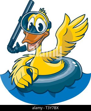 Vector cartoon clip art illustrazione di un simpatico Sorridendo e agitando l'anatra giallo che indossa una maschera subacquea, snorkeling e tubo interno, galleggiante in acqua. Acqua Illustrazione Vettoriale