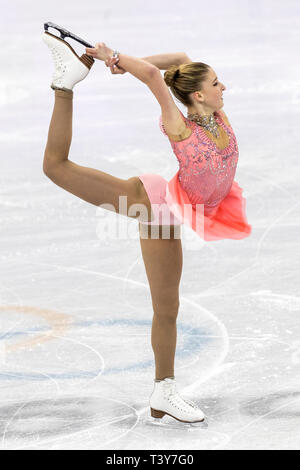 Maria Sotskova (OAR) competere nel pattinaggio di figura - Ladies' breve presso i Giochi Olimpici Invernali PyeongChang 2018 > Foto Stock