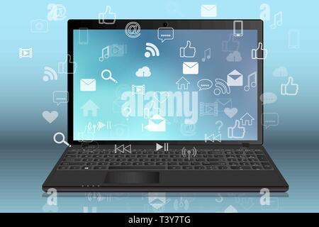 Un notebook nero realistico illustrazione vettoriale, vista frontale Illustrazione Vettoriale