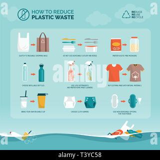 Suggerimenti per ridurre i rifiuti plastici e per evitare inquinamento oceano: uno stile di vita sostenibile, la tutela ambientale e rifiuti zero concetto Una infografica Illustrazione Vettoriale