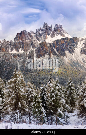 Una bellissima vista di Lastoi da Formin e Croda da Lago come visto dalla strada per le Cinque Torri. Preso in una serata di metà ottobre, appena dopo il f Foto Stock