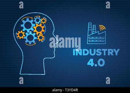 Profilo testa industria rivoluzione 4.0 concetto illustrazione vettoriale. Blue factory icona con simbolo wireless e firmare l'industria 4.0 silhouette di testa con la marcia cervello rivoluzione tecnologica concezione di business. Illustrazione Vettoriale