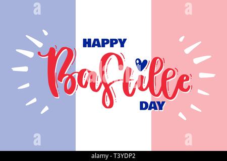 Viva la Francia. 14 luglio. Felice il giorno della Bastiglia! Le parole sono scritte a mano con un pennello. Contro lo sfondo della bandiera della Francia. Illustrazione Vettoriale