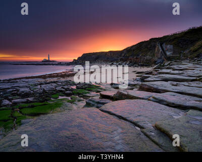 Inghilterra, Northumberland, vecchio Hartley. Vecchia Hartley Bay all'alba, guardando verso St Mary's Faro. Foto Stock