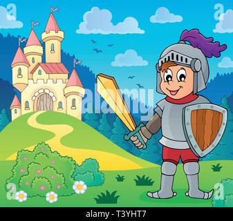 Knight vicino castello stilizzata - eps10 illustrazione vettoriale. Illustrazione Vettoriale