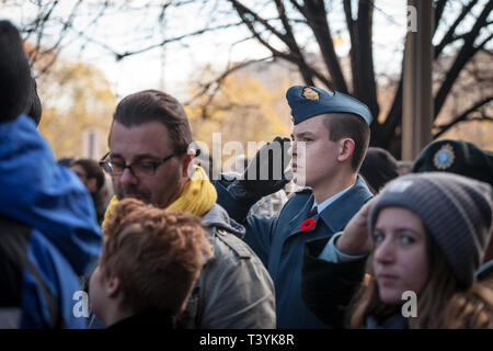 OTTAWA, Canada - 11 novembre 2018: soldato canadese dalla Royal Air Force facendo un saluto militare e indossando ricordo papavero, permanente sulla cerimonia Foto Stock
