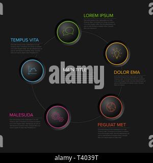 Cinque cerchi schema modello con cerchio colore pulsanti - multiuso infografico scuro Illustrazione Vettoriale